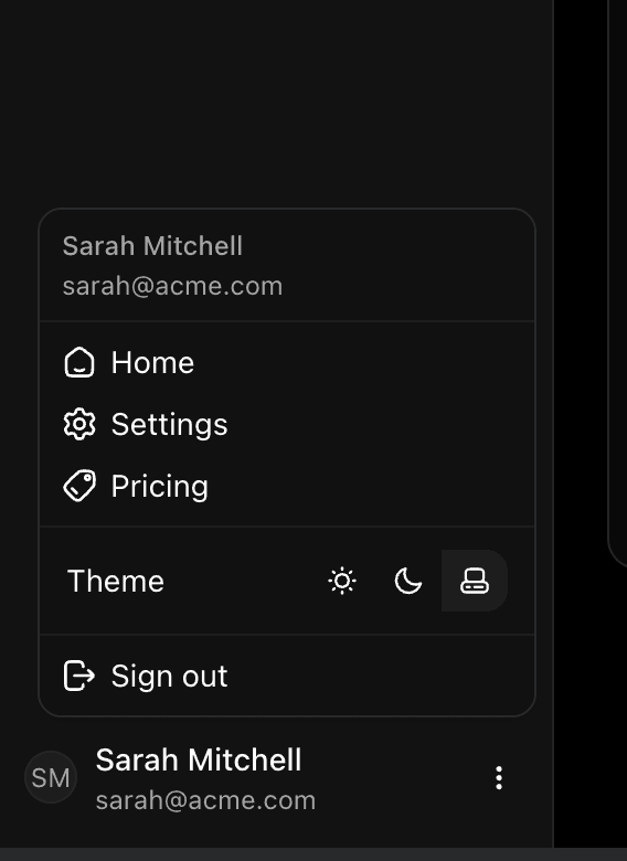 User menu in sidebar